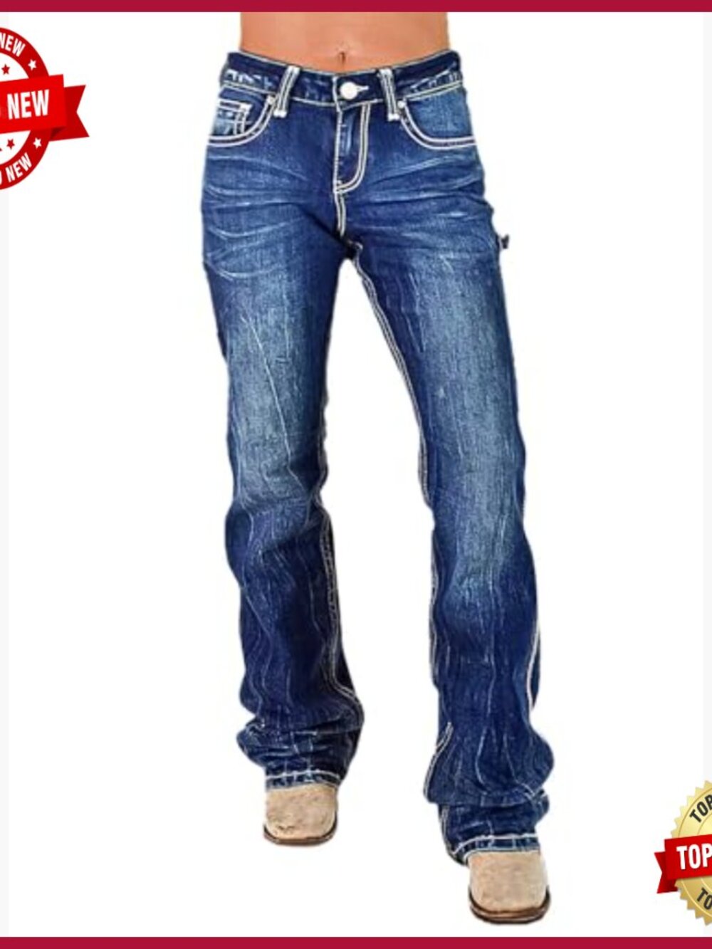 Mid Waist Bootcut Jeans Stretchy Denim Flare Stitch Detail - Picture 2 of 5